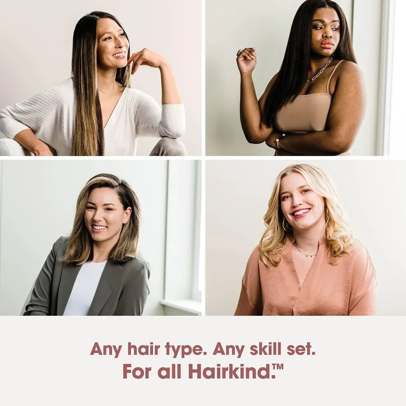 Four women with different hair types posing against a white background, with text 'Any hair type. Any skill set.