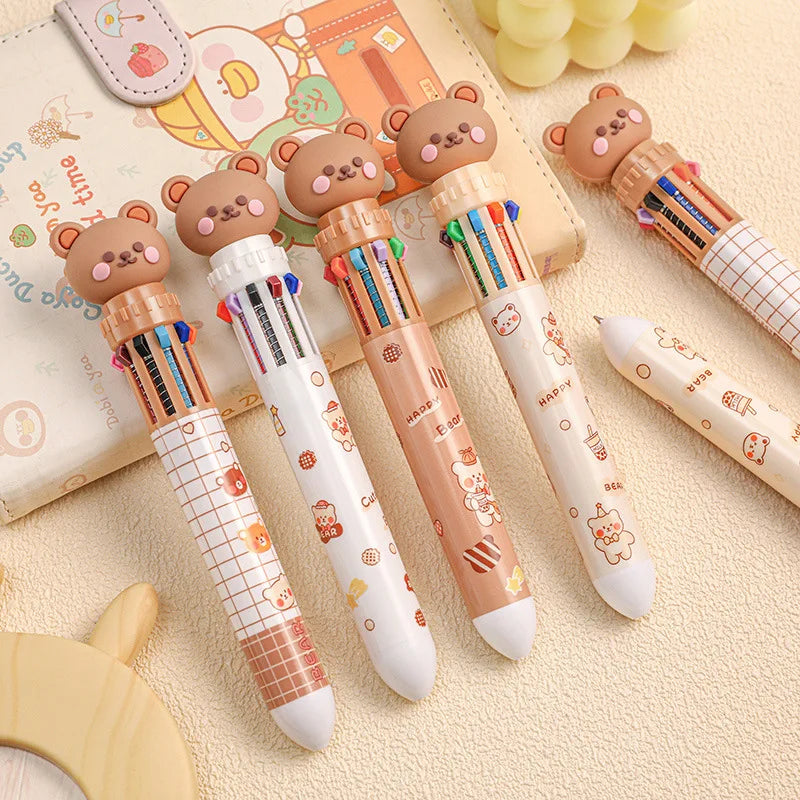 10-Color Ballpoint Pens Cartoon Bear Theme 0.5mm Colorful Ink Gel Pens Silicone Kids Student Pens School Office Supplies Stationery