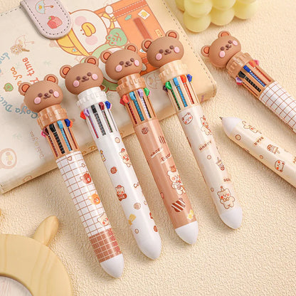 10-Color Ballpoint Pens Cartoon Bear Theme 0.5mm Colorful Ink Gel Pens Silicone Kids Student Pens School Office Supplies Stationery