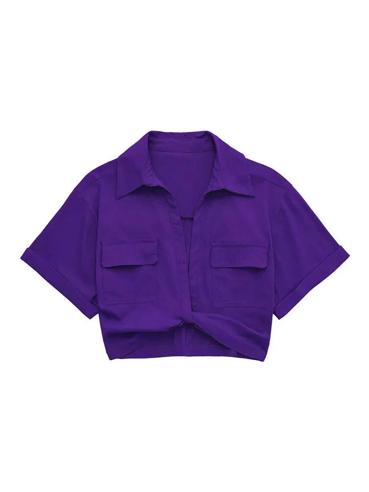 Women's Safari Style Cropped Shirt with Pockets Patch Knotted Short Blouse Chic Cropped Shirt Tops