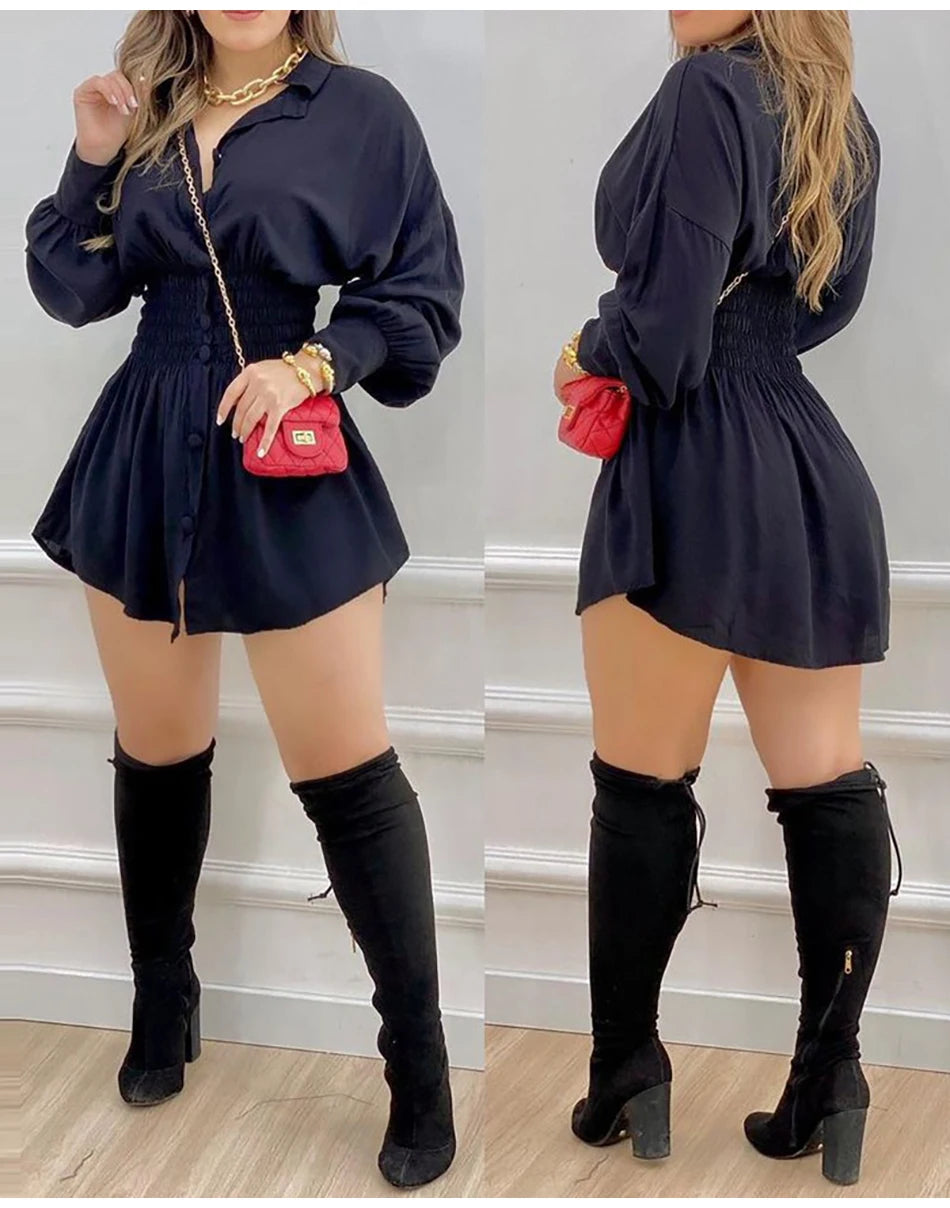 Sexy Long Sleeve Mini Dress Casual Print High Waist Shirt Dress Chic Spring Fall Dress