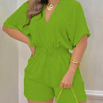 Women's Casual Summer Jumpsuit Short Batwing Sleeves Shirred Waist V-Neck Rompers