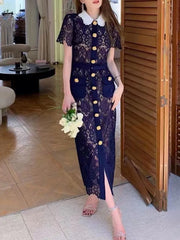 New Boutique Designer Fashion Summer Dress For Women Vintage Elegant Sexy Lace Hollow Out Single Breasted Party Cocktail Long Dress