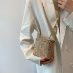 Straw Bucket Crossbody Bag - Fashion Weave Handbag with Chain Chic Shoulder Bags Purses