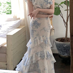 Ladies Double Ruffles Patchwork Floral Print Maxi Dress