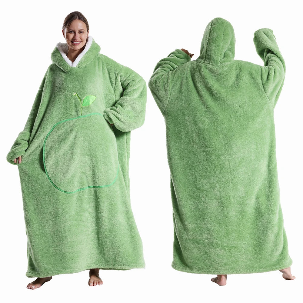 Green fleece blanket with hood worn by a person, shown from front and back on a white background.