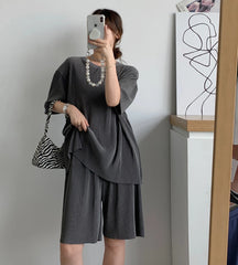 Retro Waffle Knit Loose Short Sleeve Shirt & Shorts Set Round Neck Two-Piece Set For Women
