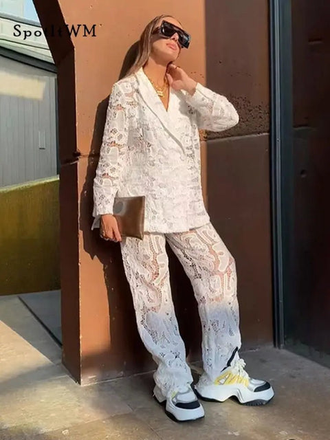 Lace Pant Suit Women 2-Piece Chic Lapel Double Breasted Long Sleeve Blazer Wide Leg Pants Hollow Out