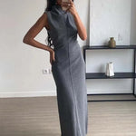 Elegant Pencil Long Dresses New Fashion Mock Neck Sleeveless Bodycon Party Dress Autumn Seamed with Split Maxi Dress