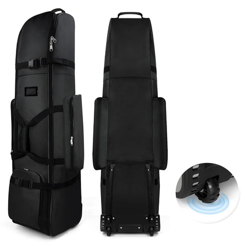 Black golf travel bag with wheels on a white background