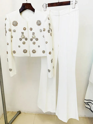 Women's Boutique Fashion Pant Suit Embellished with Beads Pearls and Rhinestones Cropped Jacket and Flare Slit Pants