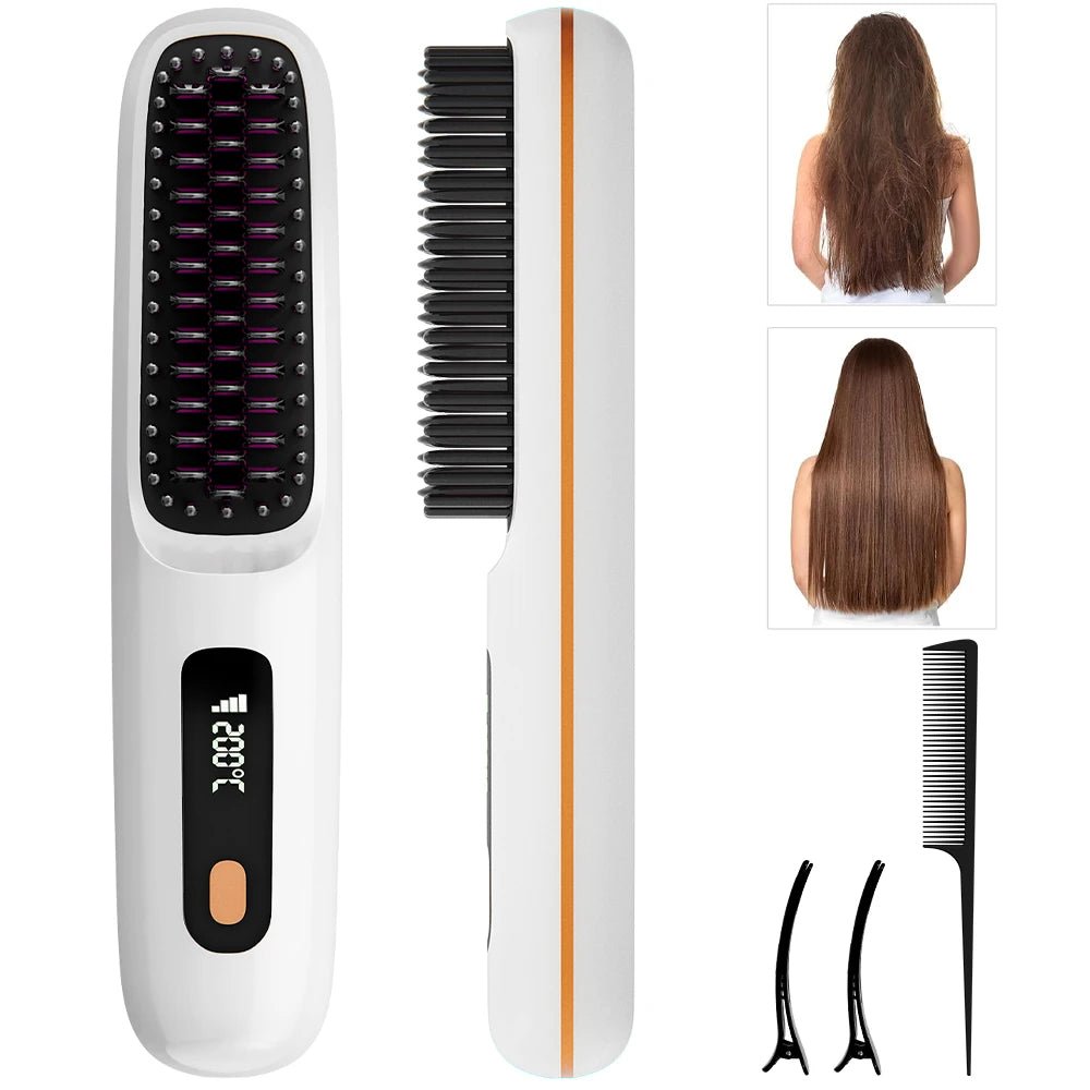 Hair straightening brush with digital display, comb, and hair styling tools on a white background.