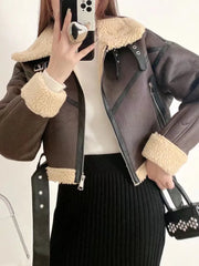 Women's Winter Faux Leather Vegan Fur Short Jacket with Belt Aviator Style Thick Warm Coat