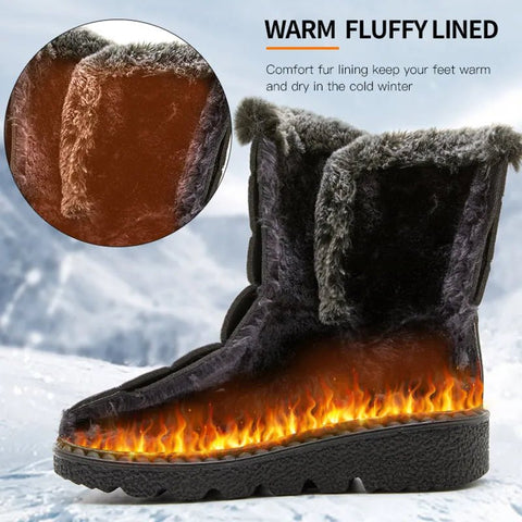 Heated boot with warm fluffy lining and flame design sole on a snowy background
