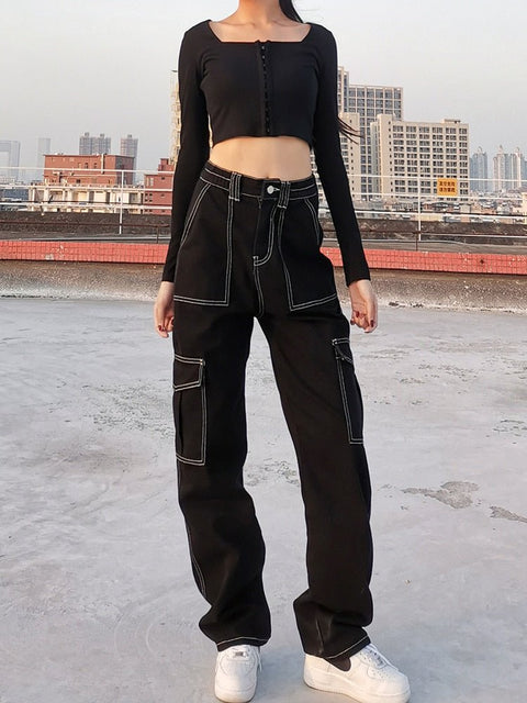Cotton Jeans Women Loose White Thread Black Casual Comfortable Everyday Fashion Denim
