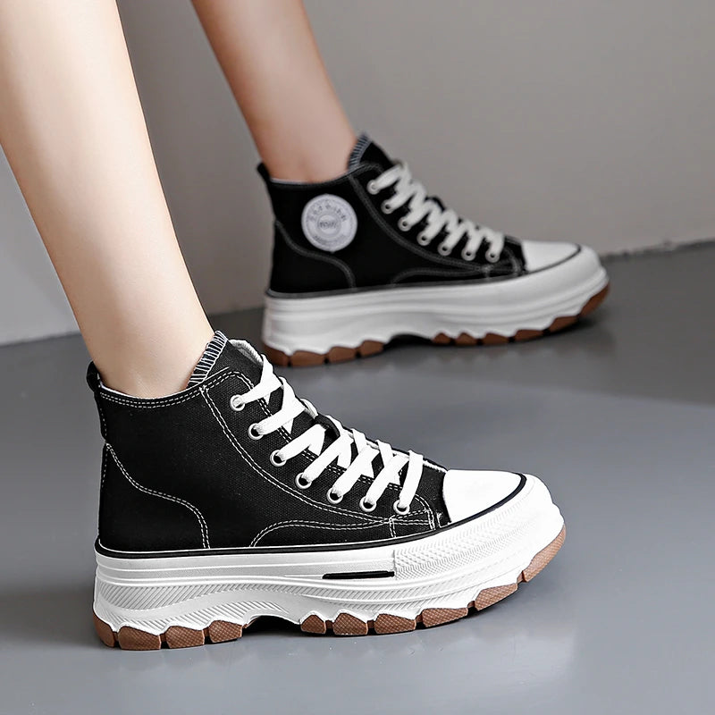 High-Top Lace-Up Casual High Platform Canvas Sneakers Non-Slip Running Shoes Wear Resistant Vulcanized Shoes