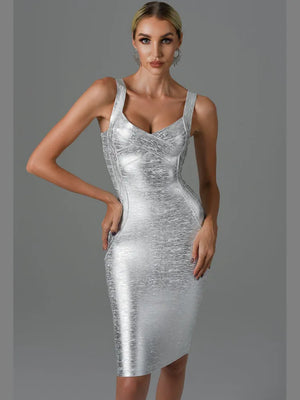 Boutique Designer Style Sexy Metallic Sleeveless Backless Short Dress Gold Silver Midi Bodycon Bandage Dress Elegant Evening Wedding Party Dress