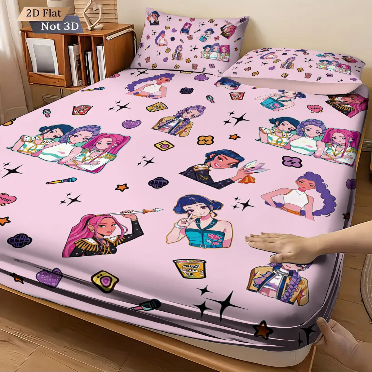 Bedding set with cartoon character design on a bed in a room.