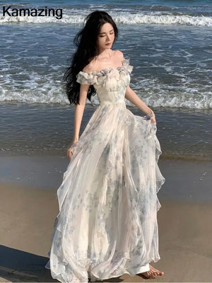 New Fashion Bohemian Print Long Maxi Dress French Design Elegant Ruffles Strap Beach Holiday Party A-Line Dress