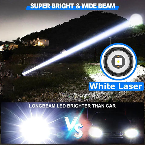 Super bright white laser light beam with comparison to longbeam LED on a dark road.