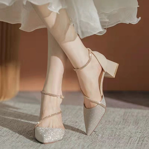 Crystal Sandals Women Shiny Rhinestone Medium Heel Luxury Elegant Party Fashion Shoes