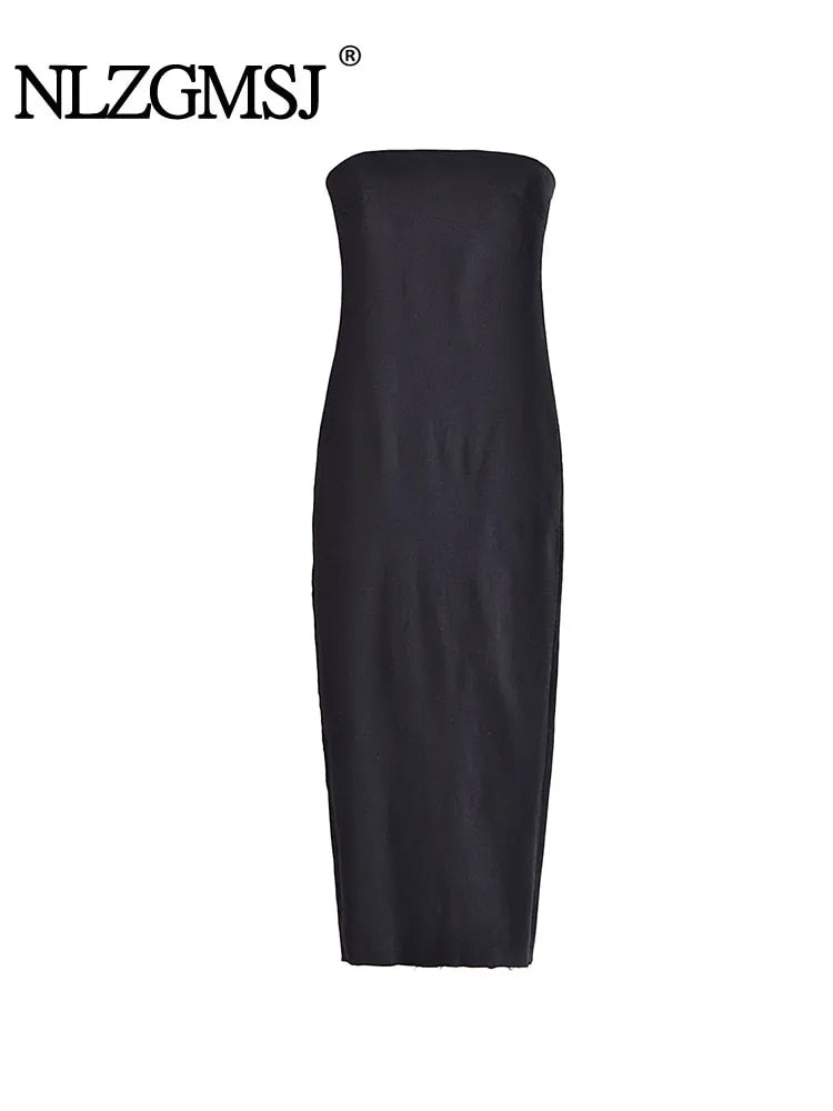 Women's Strapless Backless Zipper Split Dress Blue Denim Long Party Frayed Dress