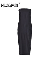 Women's Strapless Backless Zipper Split Dress Blue Denim Long Party Frayed Dress