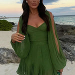 Sexy Pleated Mini Dress Summer Fashion V-Neck w/ Split Long Sleeve A-Line Dresses Beach Holiday Dress