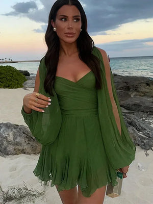 Sexy Pleated Mini Dress Summer Fashion V-Neck w/ Split Long Sleeve A-Line Dresses Beach Holiday Dress