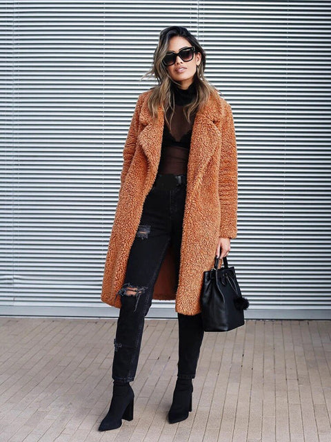 Faux Fur Teddy Coat Women Long Notched Collar Lapel Open Front Plus Size Warm Winter Outerwear