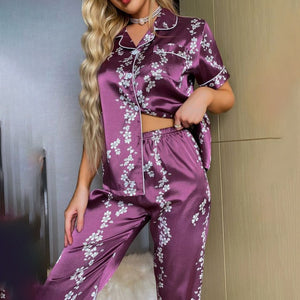 Silk Nightwear Tops & Pajama 2 Pieces Set for Women