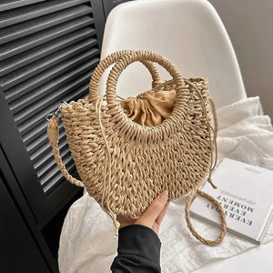 Handwoven Straw Purse Rattan Half-Moon Beach Handbag Large Capacity Women Summer Hollow Out Crossbody Shoulder Bag