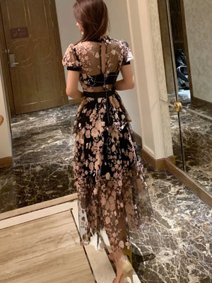 High Quality Embroidered Long Mesh Summer Dress New Fashion Mesh Sequins Flower Pattern Dress Chic Summer Maxi Long Dress