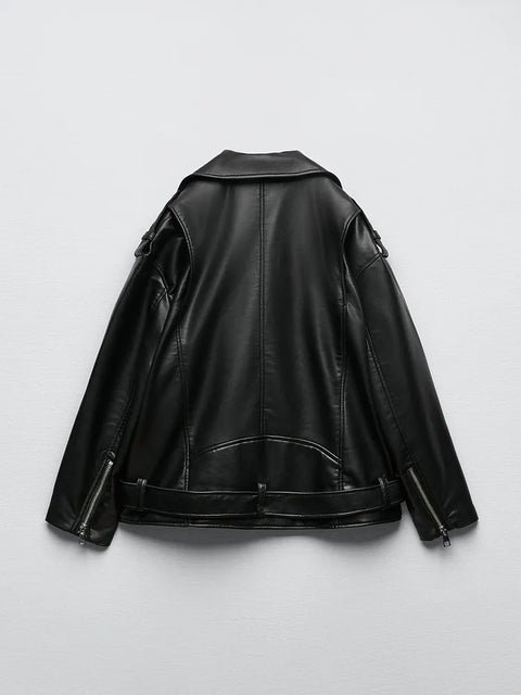 Faux Leather Biker Jacket Women Relaxed Fit Motorcycle Black Belt Casual Streetwear Outerwear Fashion