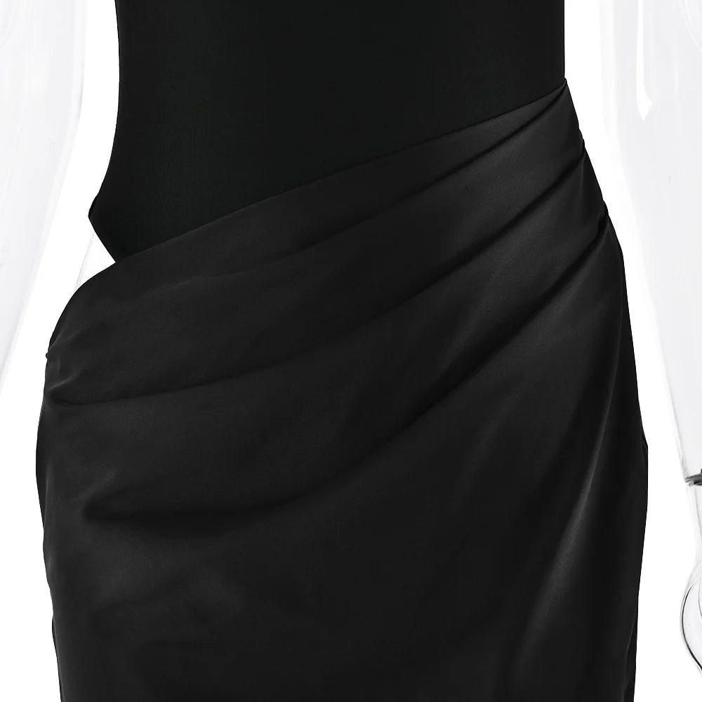 Elegant High-Neck Sleeveless Evening Gown with Draped Satin Skirt