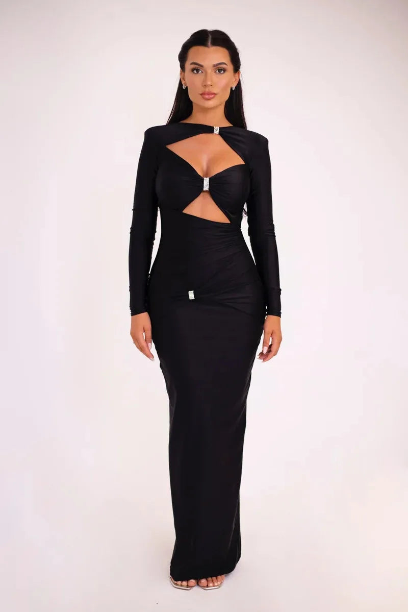 Elegant Black Cutout Long-Sleeve Evening Gown Hollow Out Maxi Dress