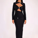 Elegant Black Cutout Long-Sleeve Evening Gown Hollow Out Maxi Dress