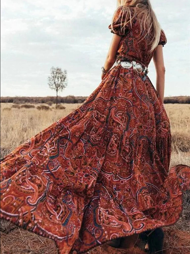 Boho Long Dress Vintage Floral Print Chiffon 3/4 Sleeve V-Neck Long Slit Summer Hippie Dresses