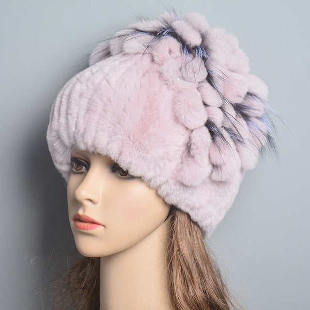 Women's Genuine Rex Rabbit Fur Hat Striped Top Flower Warm Real Fur Knit Beanie Caps