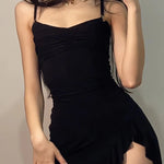 Elegant Black Ruched Asymmetrical Mini Dress Sexy Side Slit Ruffled Party Dress