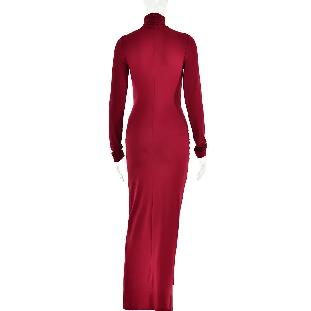 Elegant Long-Sleeve Knotted Bodycon Maxi Dress