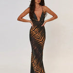 New Leopard Print Deep V-Neck Long Dress Lace Up Backless Sleeveless Slim w/ Straps Boutique Fashion Spring/Summer Dress Gown