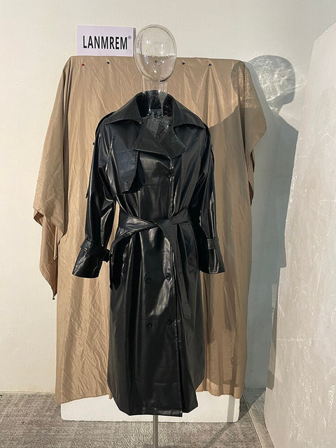 Double Breasted PU Leather Coat Women Lapel Belt Vegan Chic Elegant Winter Outerwear Fashion