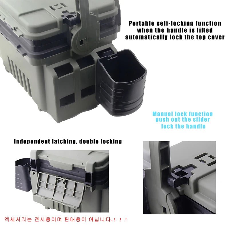 Tool box with handle and top cover locking mechanism on a white background