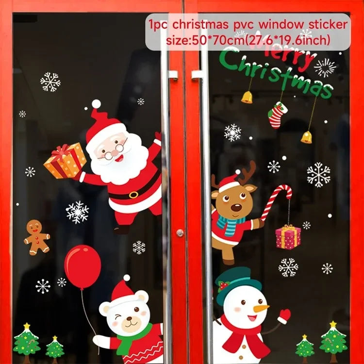Christmas-themed window stickers with Santa Claus, reindeer, and snowman on a black background.