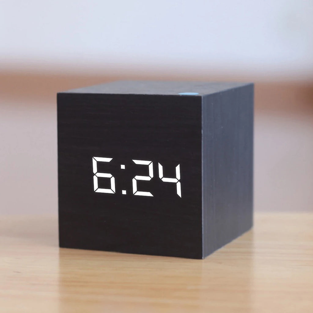Digital Wooden LED Alarm Clock Wood Retro Glow Clock Desktop Table Decor Voice Control Snooze Function