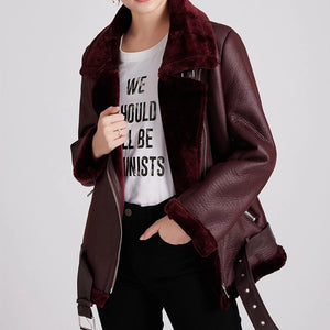Thick Faux Leather Fur Sheepskin Leather Jacket Women's Aviator Jacket