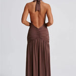 Elegant Halter Maxi Dress with High Slit in Deep Burgundy Black & White Colors