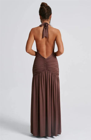 Elegant Halter Maxi Dress with High Slit in Deep Burgundy Black & White Colors