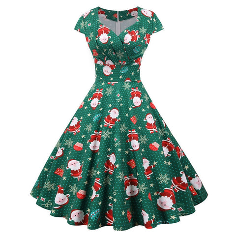 High Waist Print Midi Dress Women Casual Elegant Retro V-Neck Short Sleeve Holiday Fashion